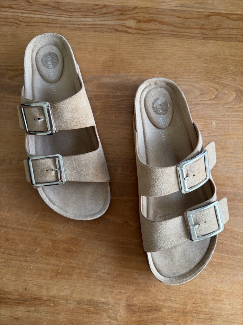 Madden Girl Tan Double-Buckle Slide Sandals